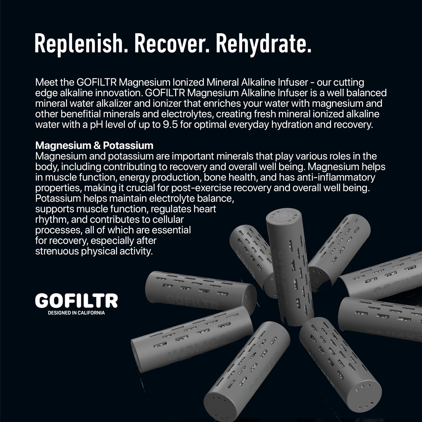 GOFILTR 32 Oz Insulated Alkaline Water Bottle - Generates 9.5 pH Alkaline Water