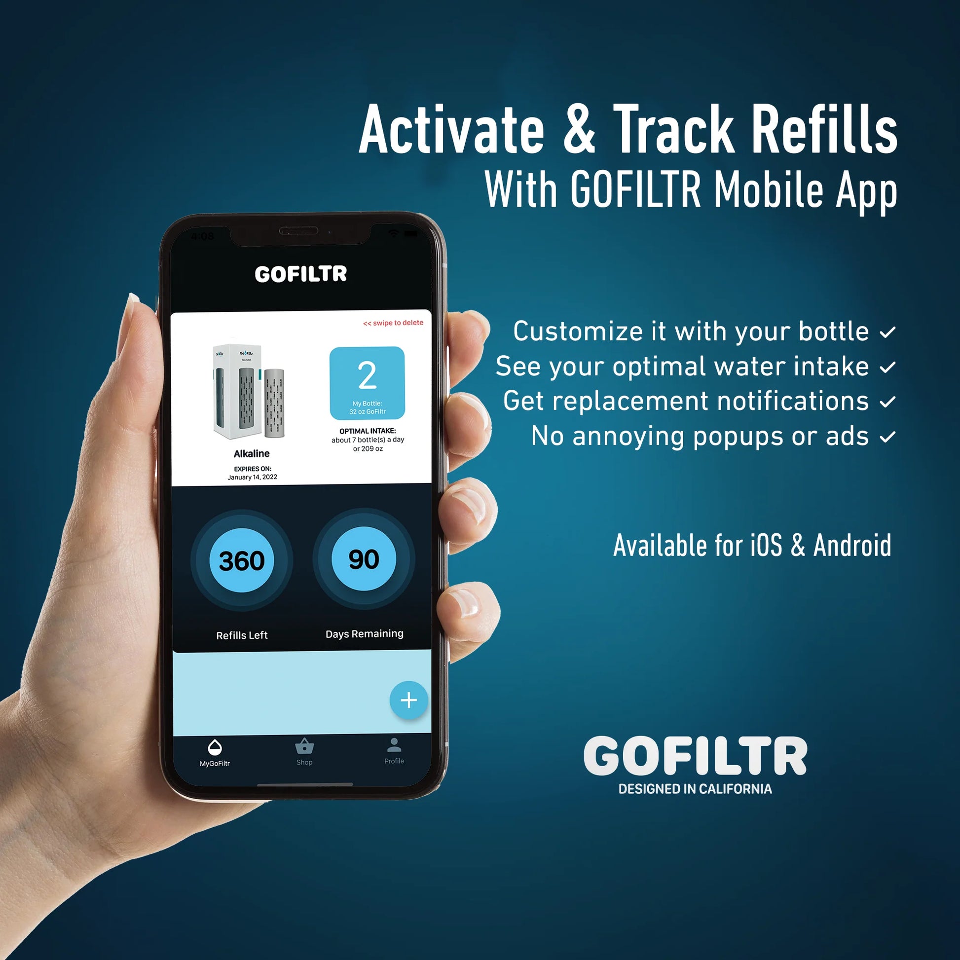 GOFILTR 32 Oz Insulated Alkaline Water Bottle - Generates 9.5 pH Alkaline Water